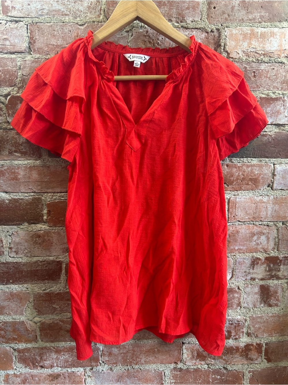Nanette Lepore Red Layered Ruffle Sleeve Splitneck Top Large Flowing